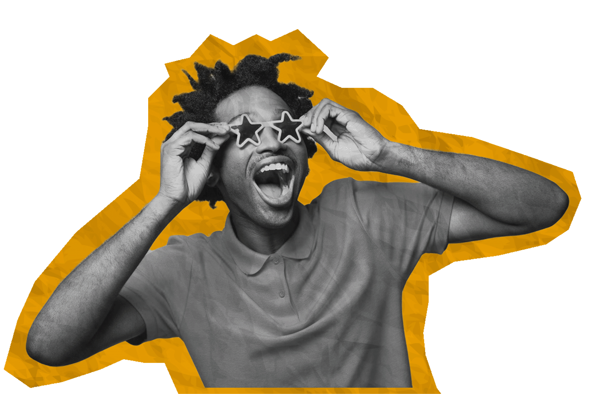 yellow cutout of a guy in star shaped shades 